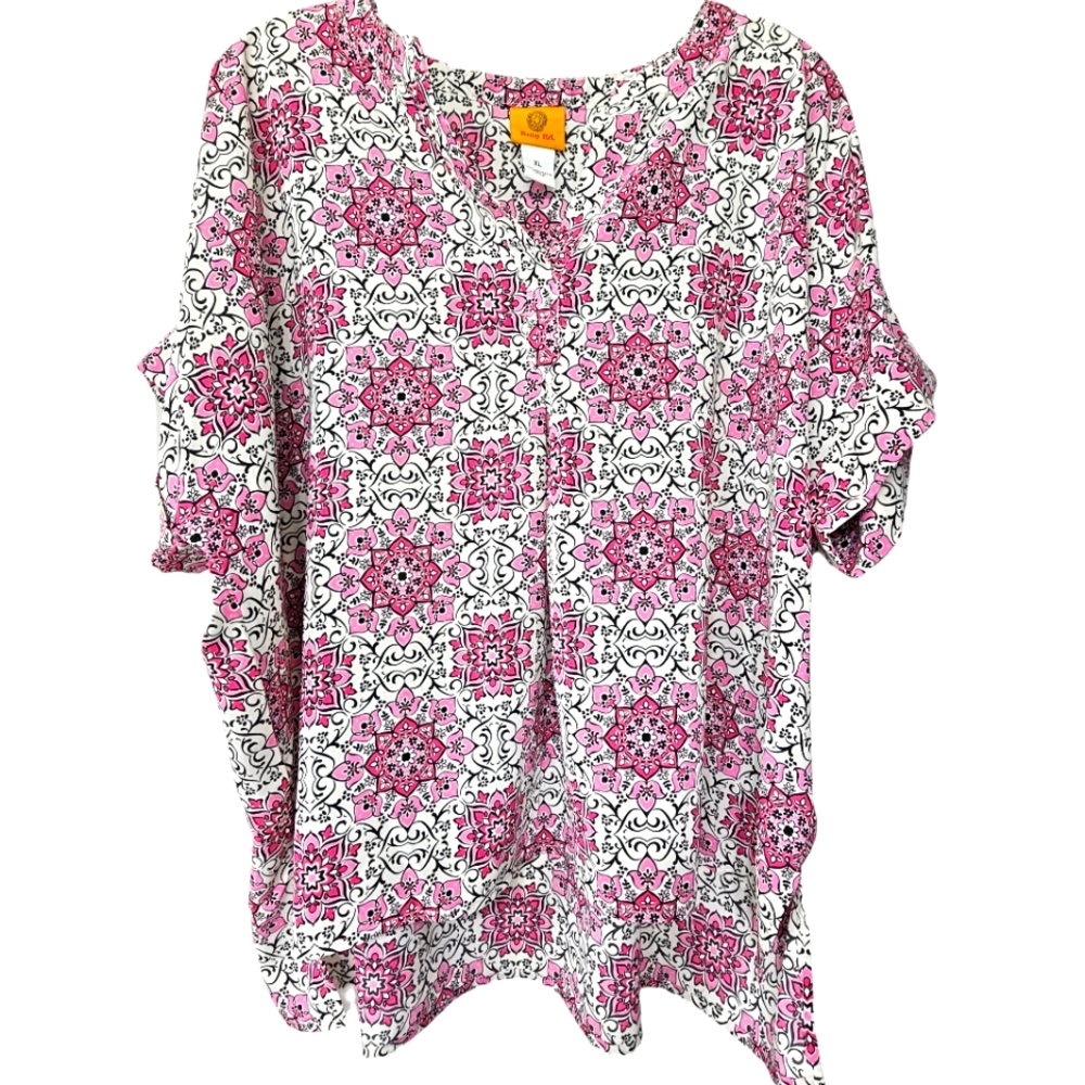 Ruby Red Oh Happy Day Azalmul Pink/White/Black Tile Mix Shortsleeve Top - Picture 14 of 14
